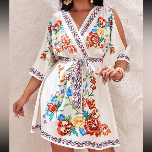 Dresses & Skirts - Plus Size Floral Print Cut Out Cold Shoulder Belted Dress